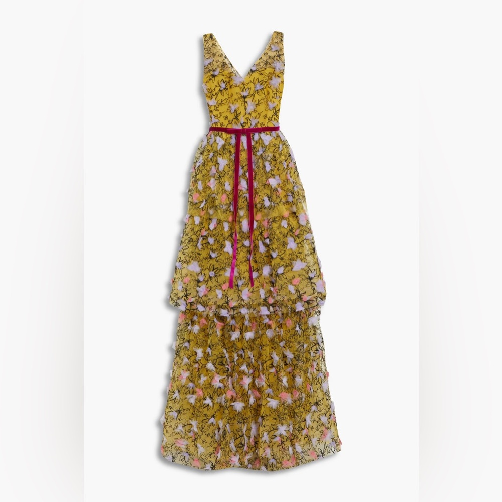Marchesa Yellow Floral V-Neck Tiered Maxi with Pink Belt - Picture 3 of 11